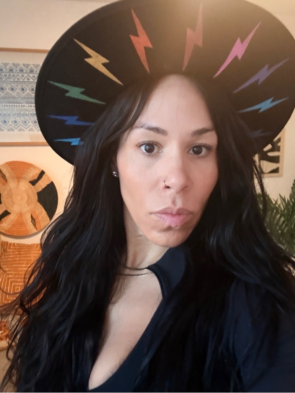 Black Wide-Brim Hat with Hand Painted Lightning Bolt Accents - Picture 4 of 4